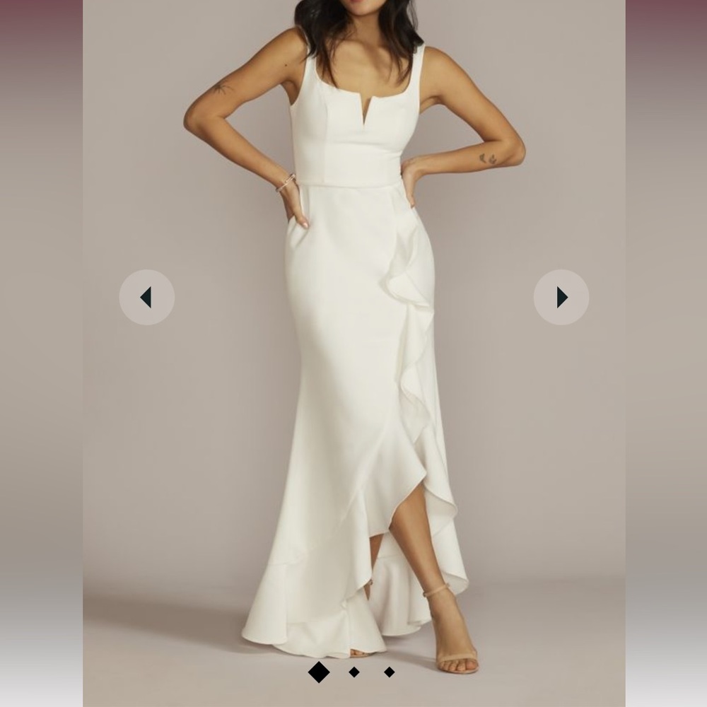 David’s Bridal crepe tank sheath wedding dress with ruffle skirt